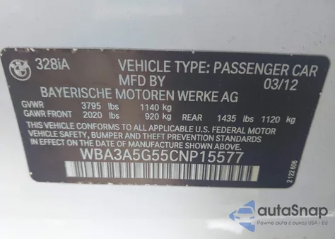 2012 BMW 328I z USA, uszkodzony, nr VIN WBA3A5G55CNP15577